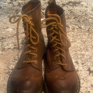 Dr. Martens Brown Leather Lace-Up Boots with Yellow Contrast Laces